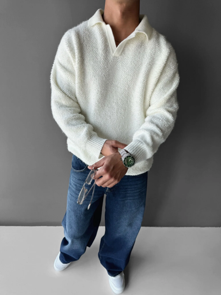 ÜBERGROSSER STRICKKRAGEN GEBÜRSTETER PULLOVER – POLARWEISS