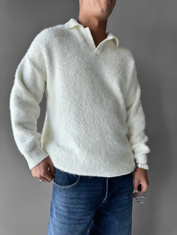 ÜBERGROSSER STRICKKRAGEN GEBÜRSTETER PULLOVER – POLARWEISS